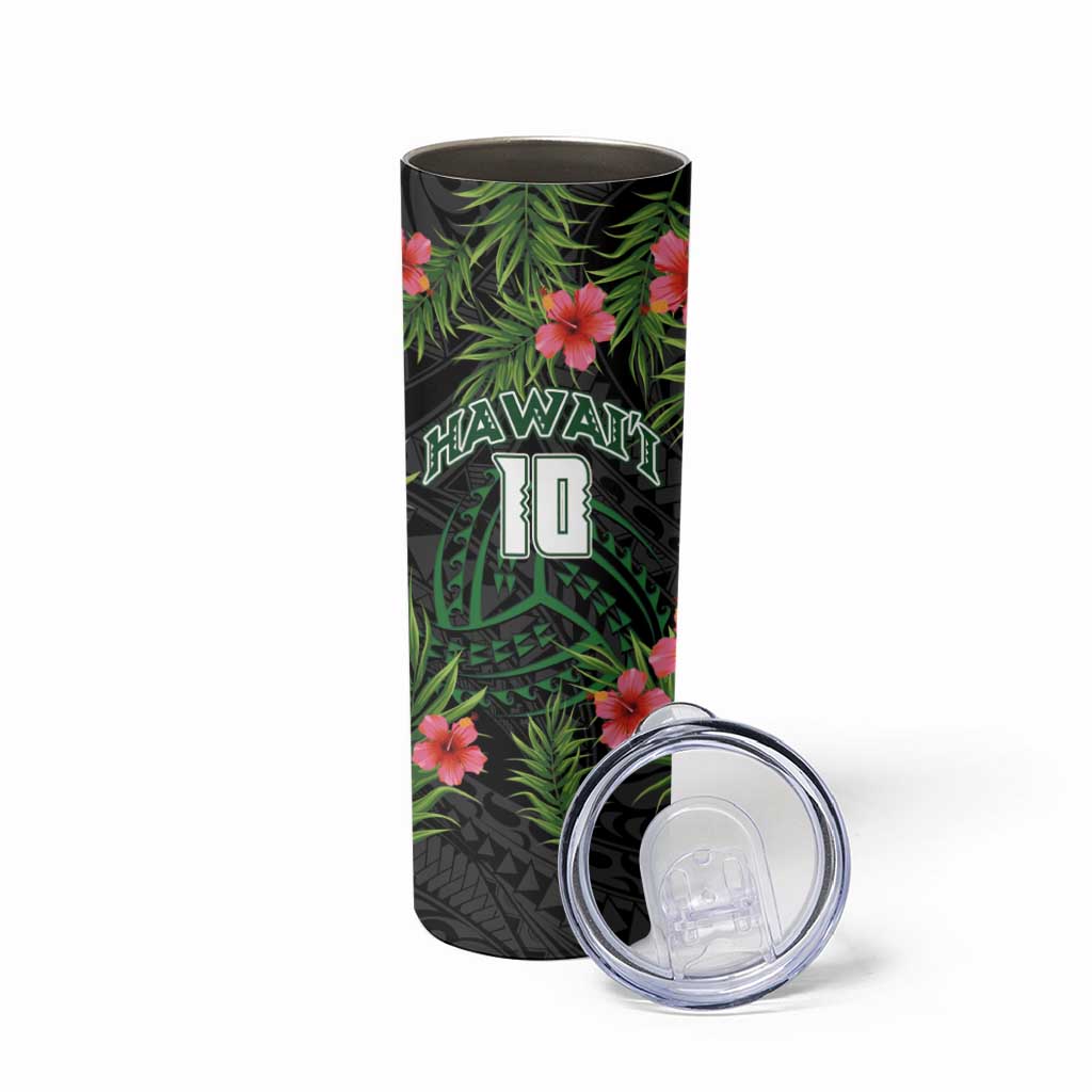 Custom Hawaii Volleyball Skinny Tumbler Kakau Abstract and Tropical Plants Black Color - Polynesian Pride