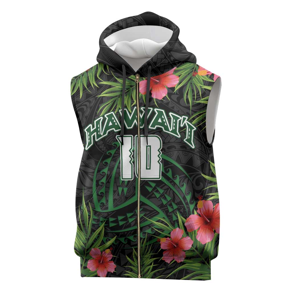 Custom Hawaii Volleyball Sleeveless Zip Hoodie Kakau Abstract and Tropical Plants Black Color - Polynesian Pride