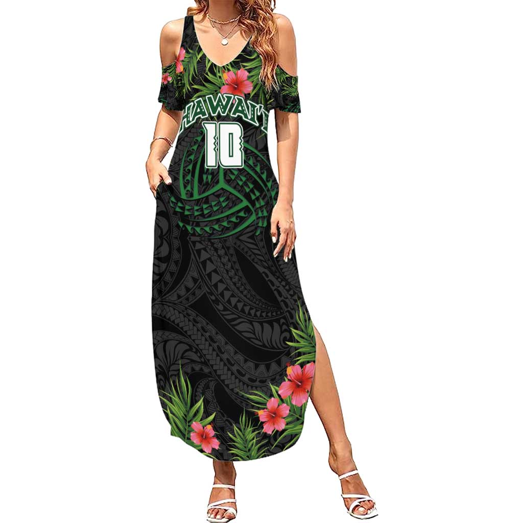 Custom Hawaii Volleyball Summer Maxi Dress Kakau Abstract and Tropical Plants Black Color - Polynesian Pride