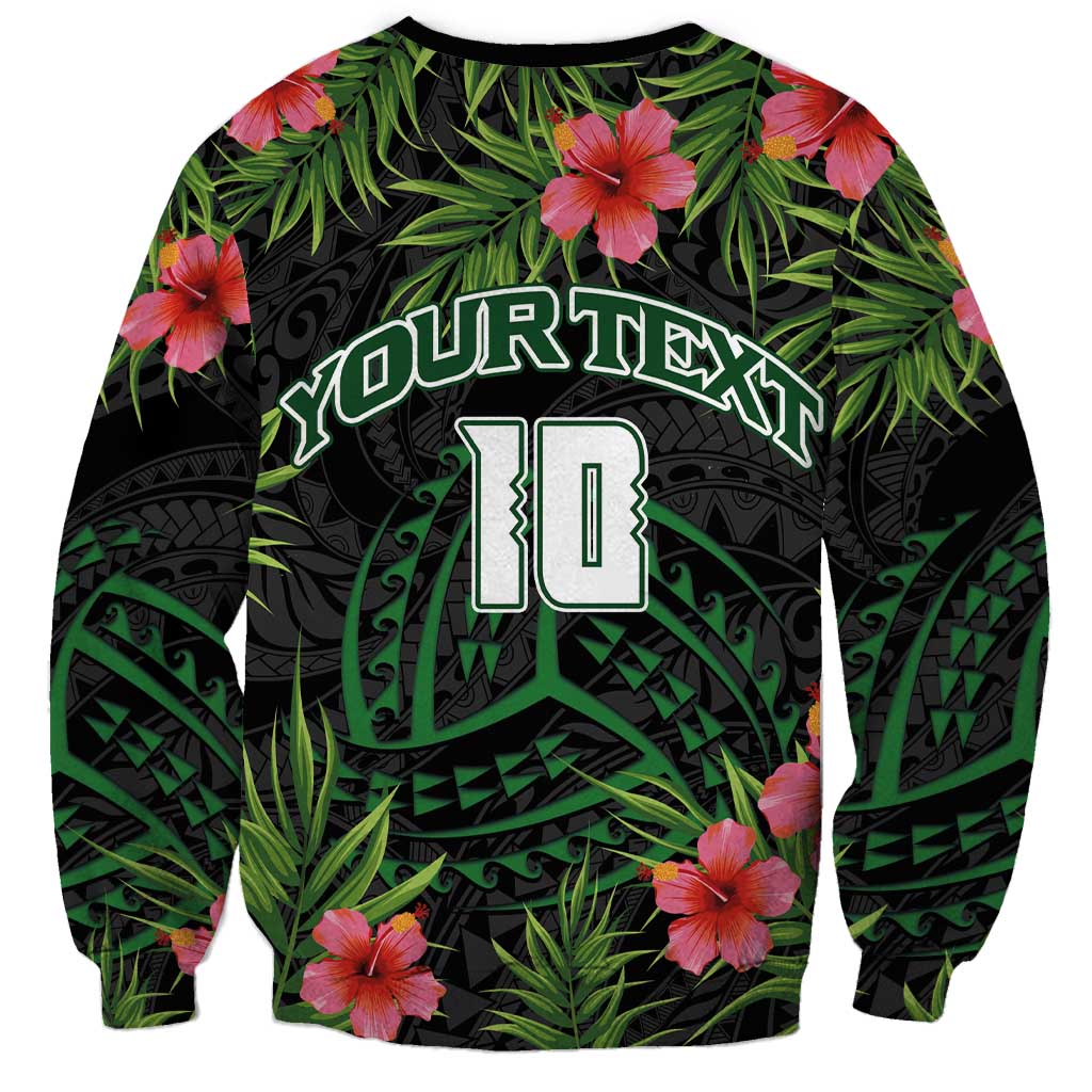 Custom Hawaii Volleyball Sweatshirt Kakau Abstract and Tropical Plants Black Color - Polynesian Pride