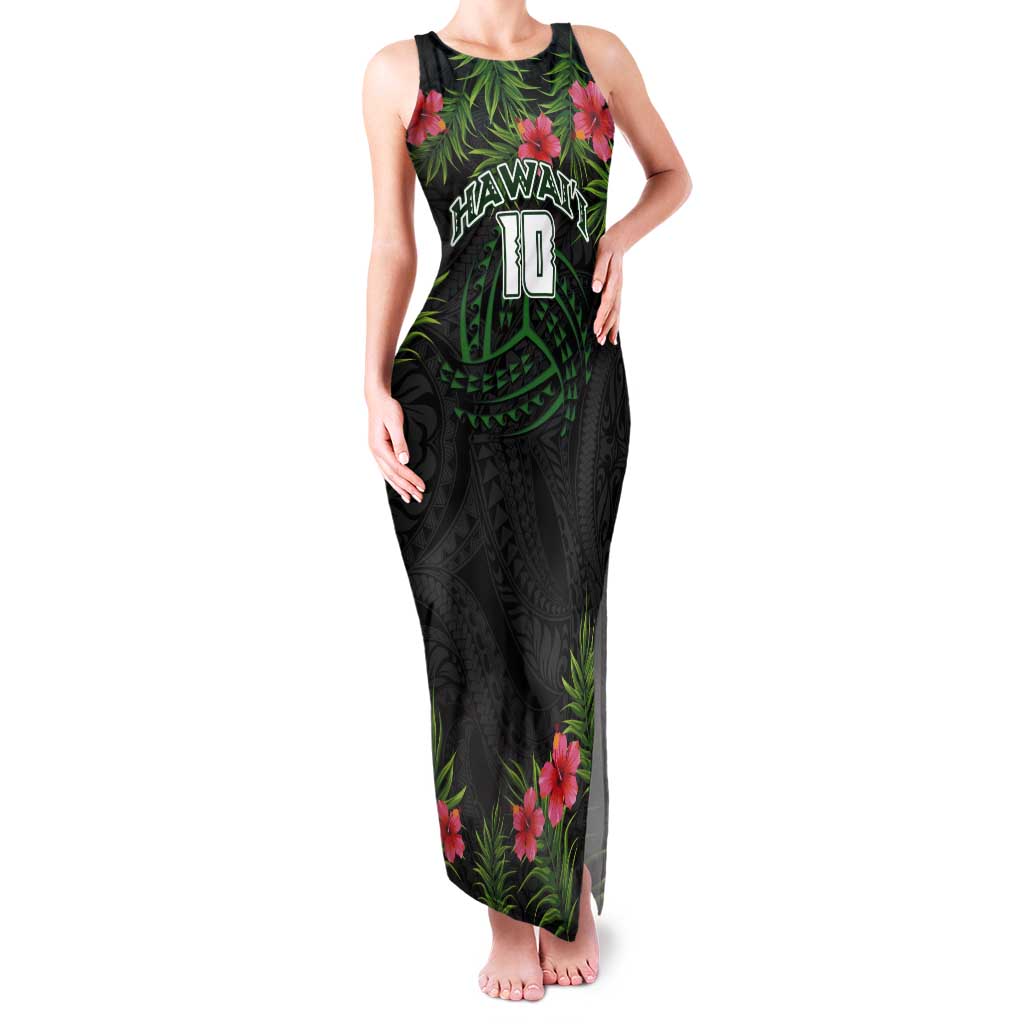 Custom Hawaii Volleyball Tank Maxi Dress Kakau Abstract and Tropical Plants Black Color - Polynesian Pride