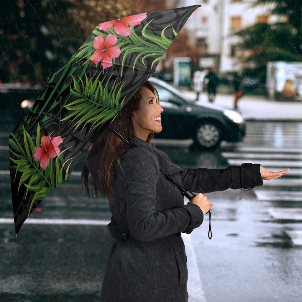 Custom Hawaii Volleyball Umbrella Kakau Abstract and Tropical Plants Black Color - Polynesian Pride