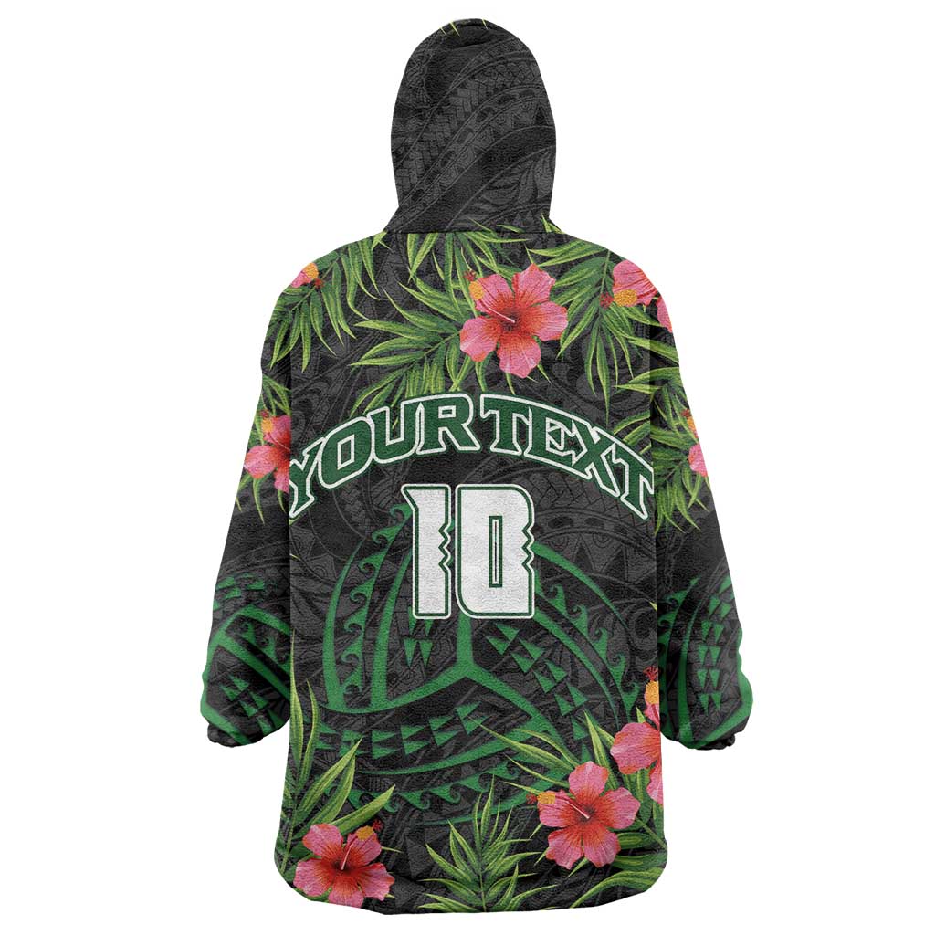 Custom Hawaii Volleyball Wearable Blanket Hoodie Kakau Abstract and Tropical Plants Black Color - Polynesian Pride
