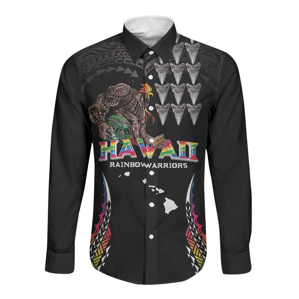 Custom Hawaii Rainbow Warriors Long Sleeve Button Shirt Kakau Shark Tooth and Polynesian Art Tattoo LT03 Unisex Black - Polynesian Pride