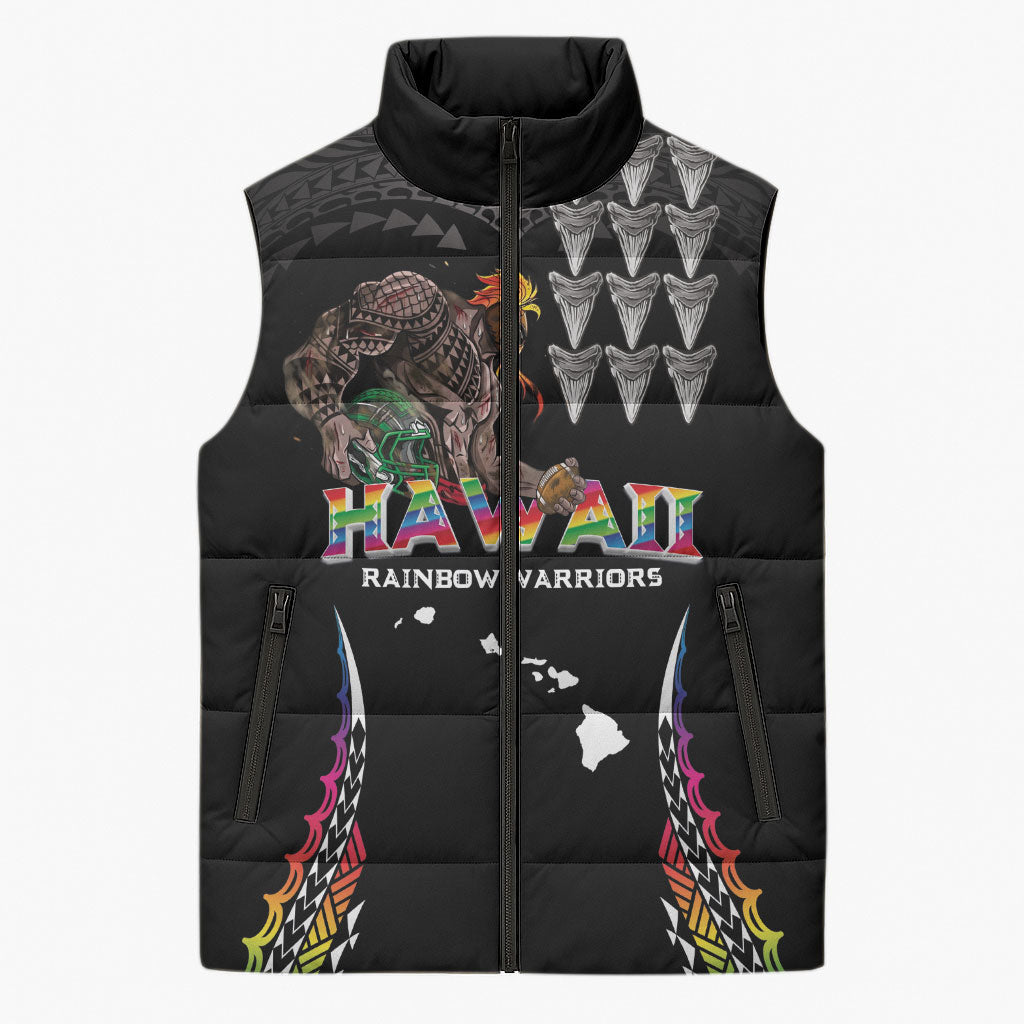 Custom Hawaii Rainbow Warriors Sleeveless Puffer Jacket Kakau Shark Tooth and Polynesian Art Tattoo LT03 Unisex Black - Polynesian Pride
