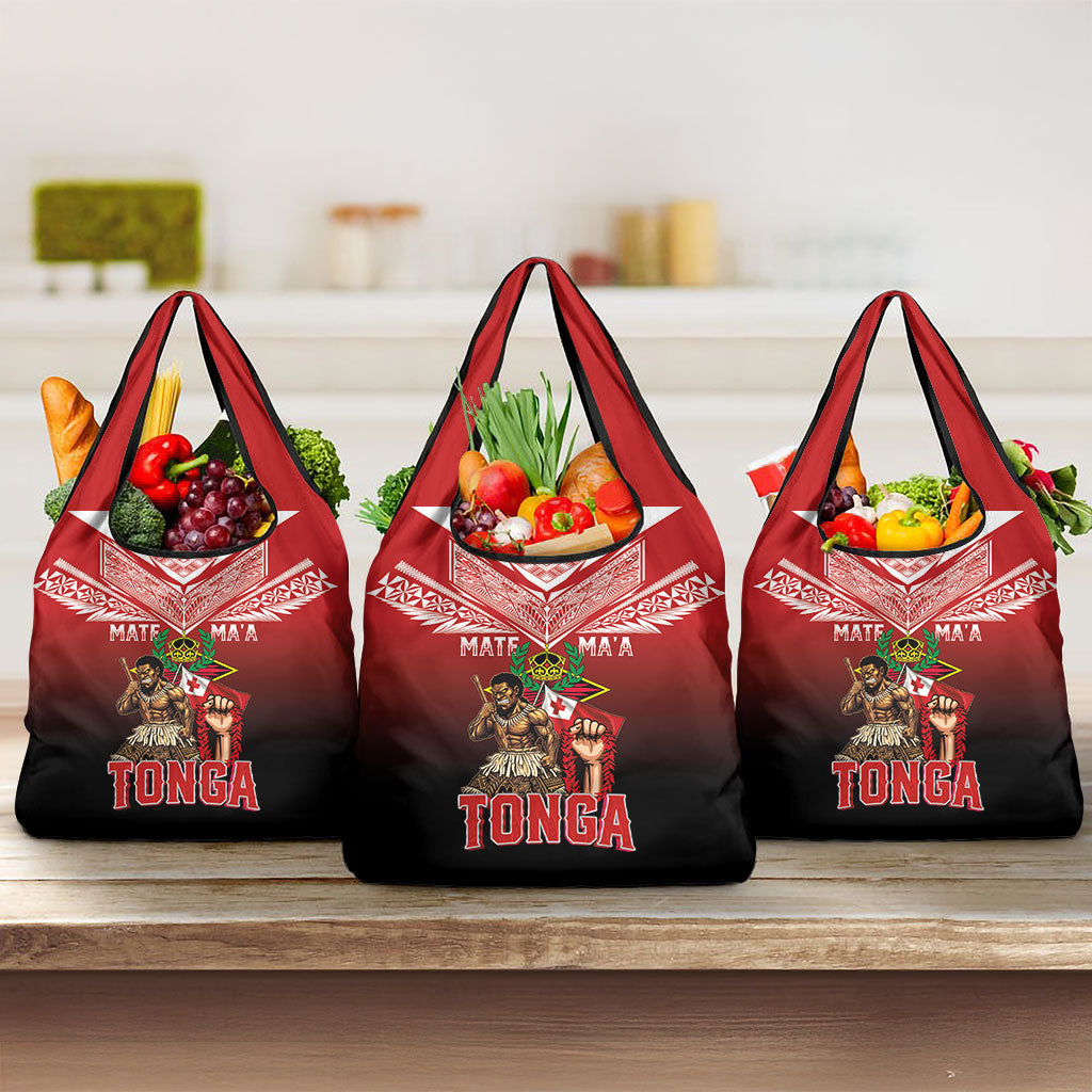 Mate Ma'a Tonga Grocery Bag Traditional Warrior and Ngatu Art Pattern LT03 3-pack One Size Red - Polynesian Pride