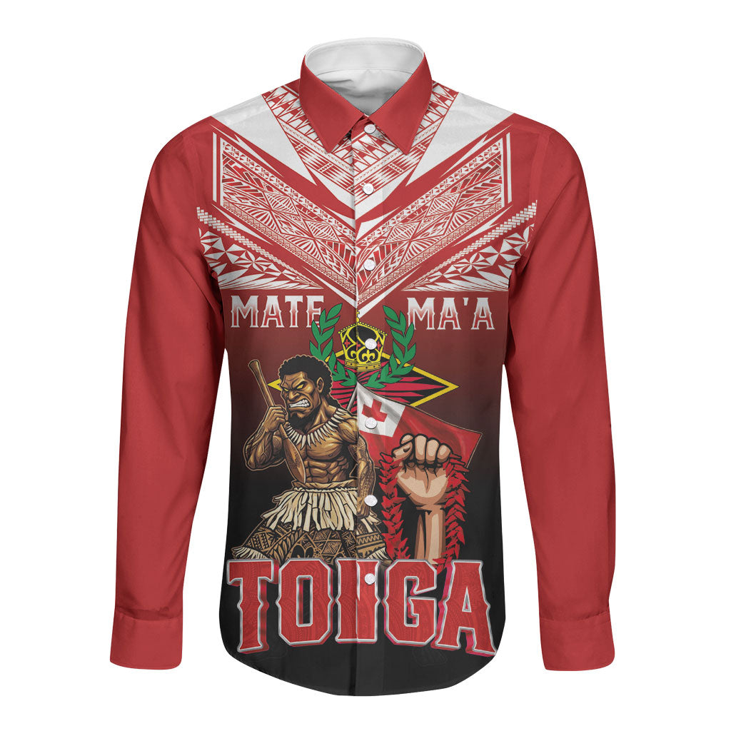 Mate Ma'a Tonga Long Sleeve Button Shirt Traditional Warrior and Ngatu Art Pattern LT03 Unisex Red - Polynesian Pride