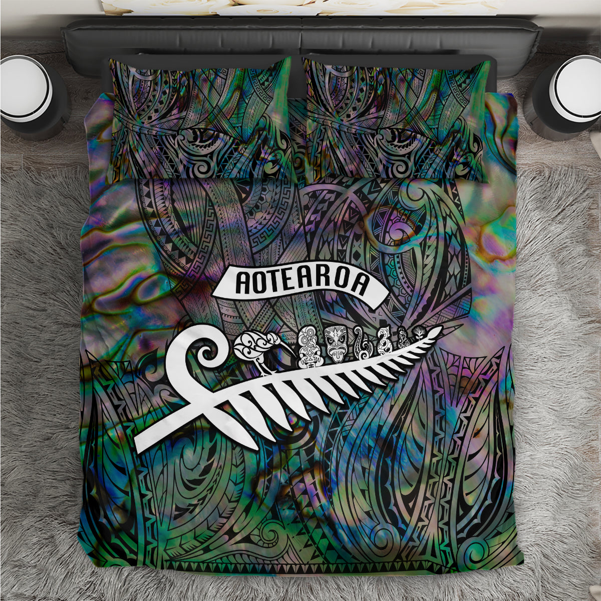 New Zealand Bedding Set Aotearoa Symbols With Silver Fern LT03 Black - Polynesian Pride