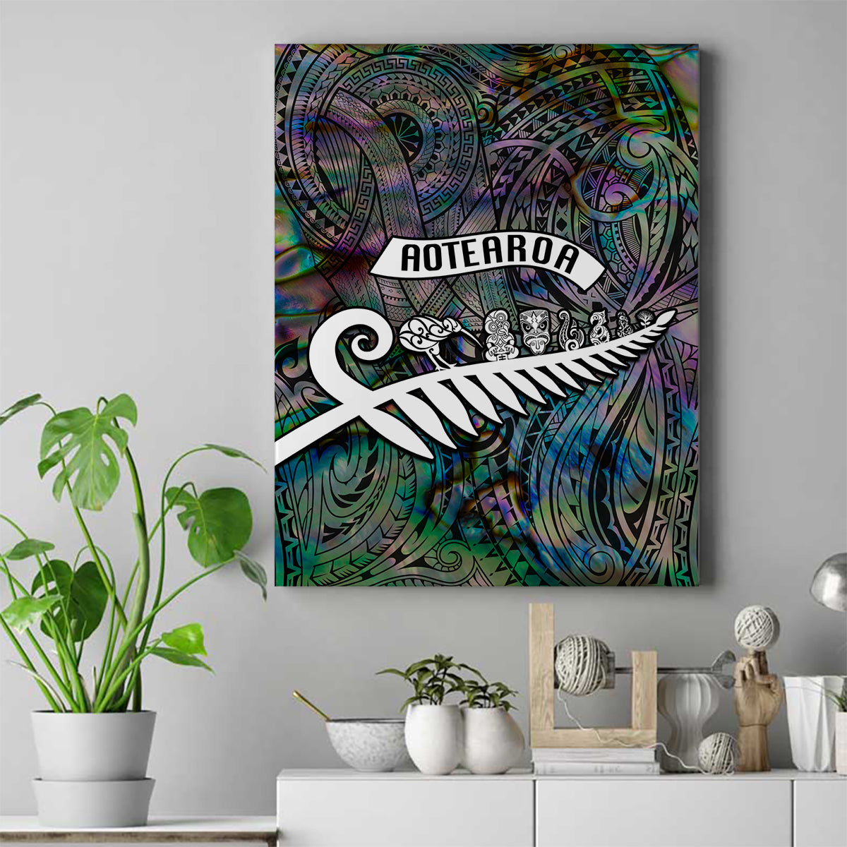 New Zealand Canvas Wall Art Aotearoa Symbols With Silver Fern LT03 Black - Polynesian Pride