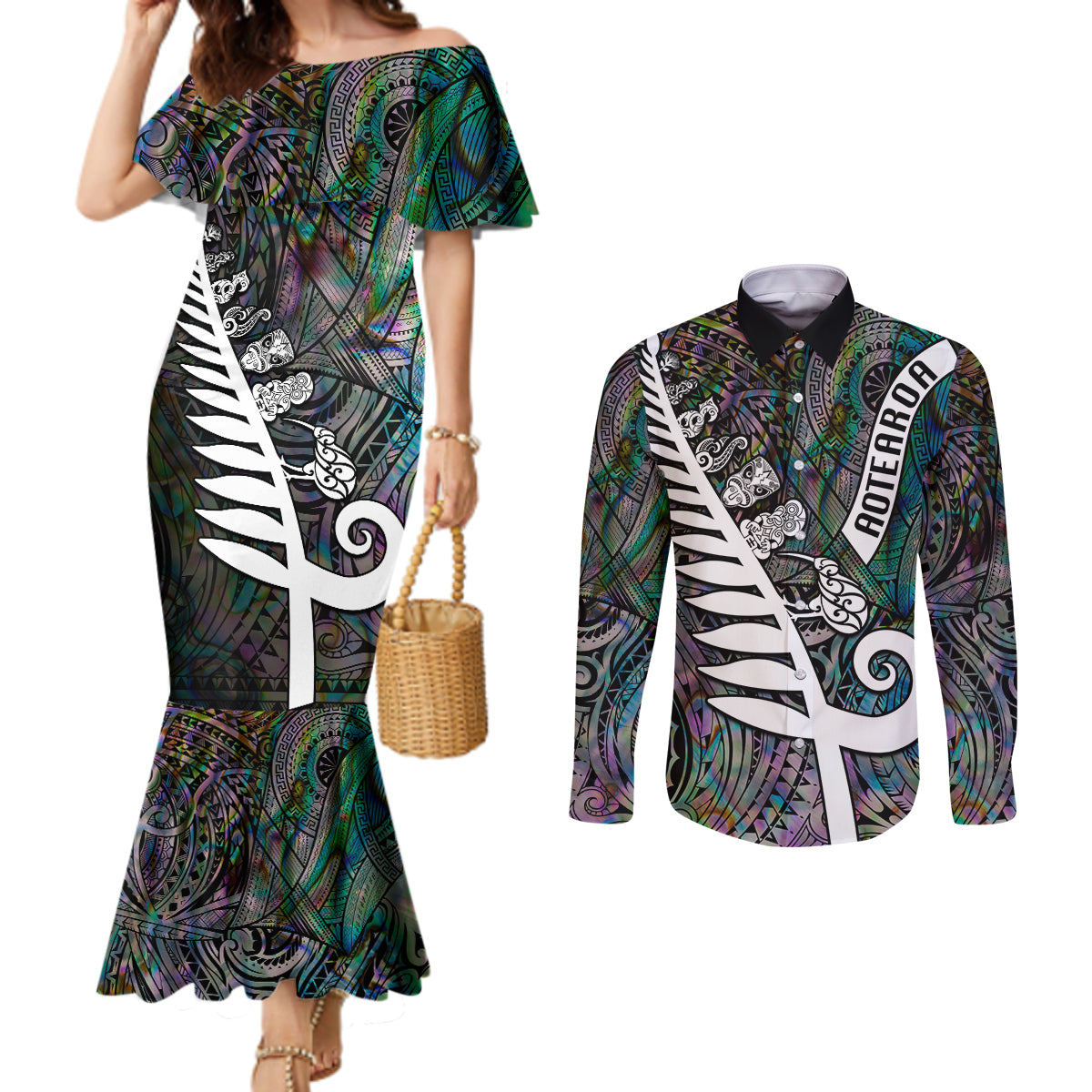 New Zealand Couples Matching Mermaid Dress and Long Sleeve Button Shirt Aotearoa Symbols With Silver Fern LT03 Black - Polynesian Pride
