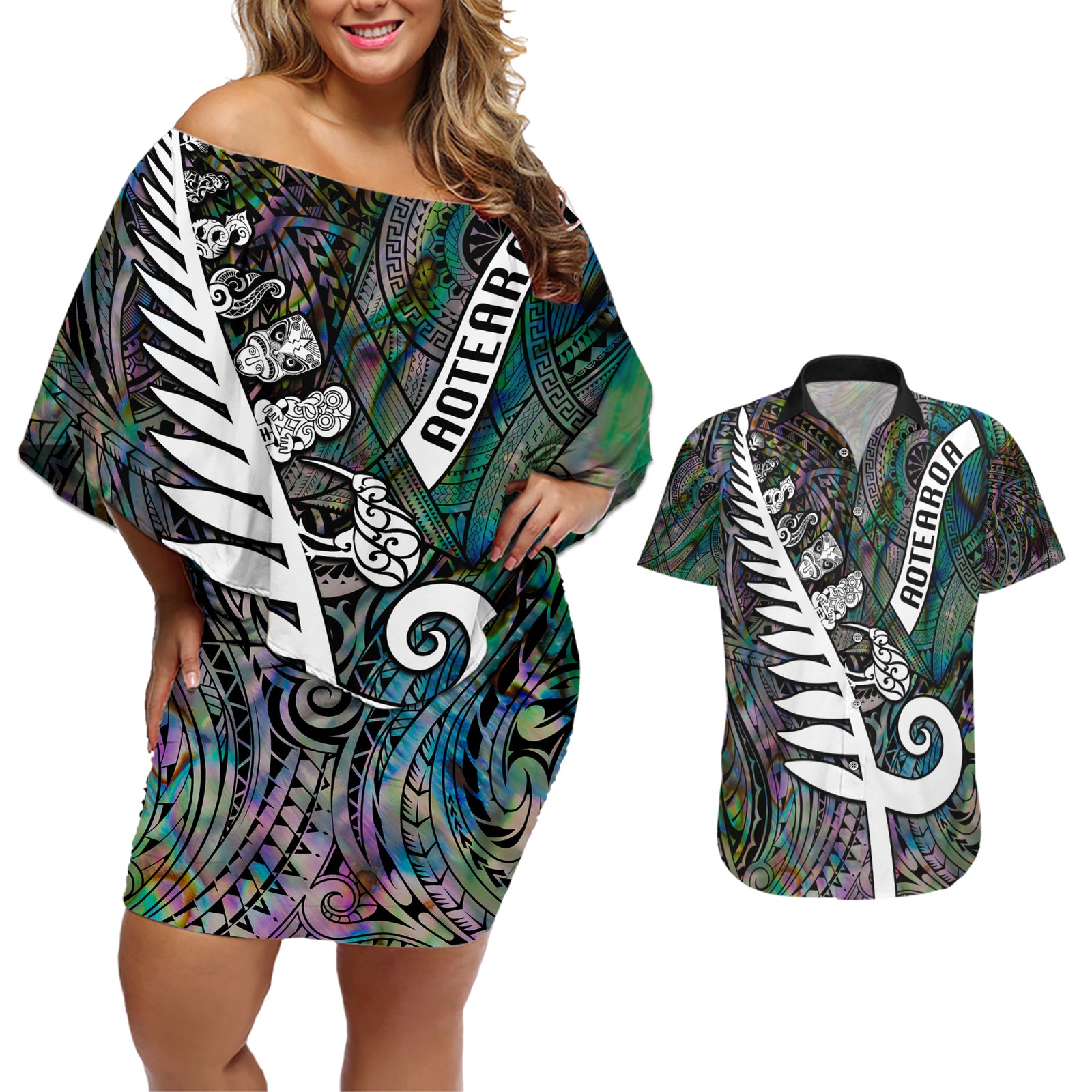 New Zealand Couples Matching Off Shoulder Short Dress and Hawaiian Shirt Aotearoa Symbols With Silver Fern LT03 Black - Polynesian Pride