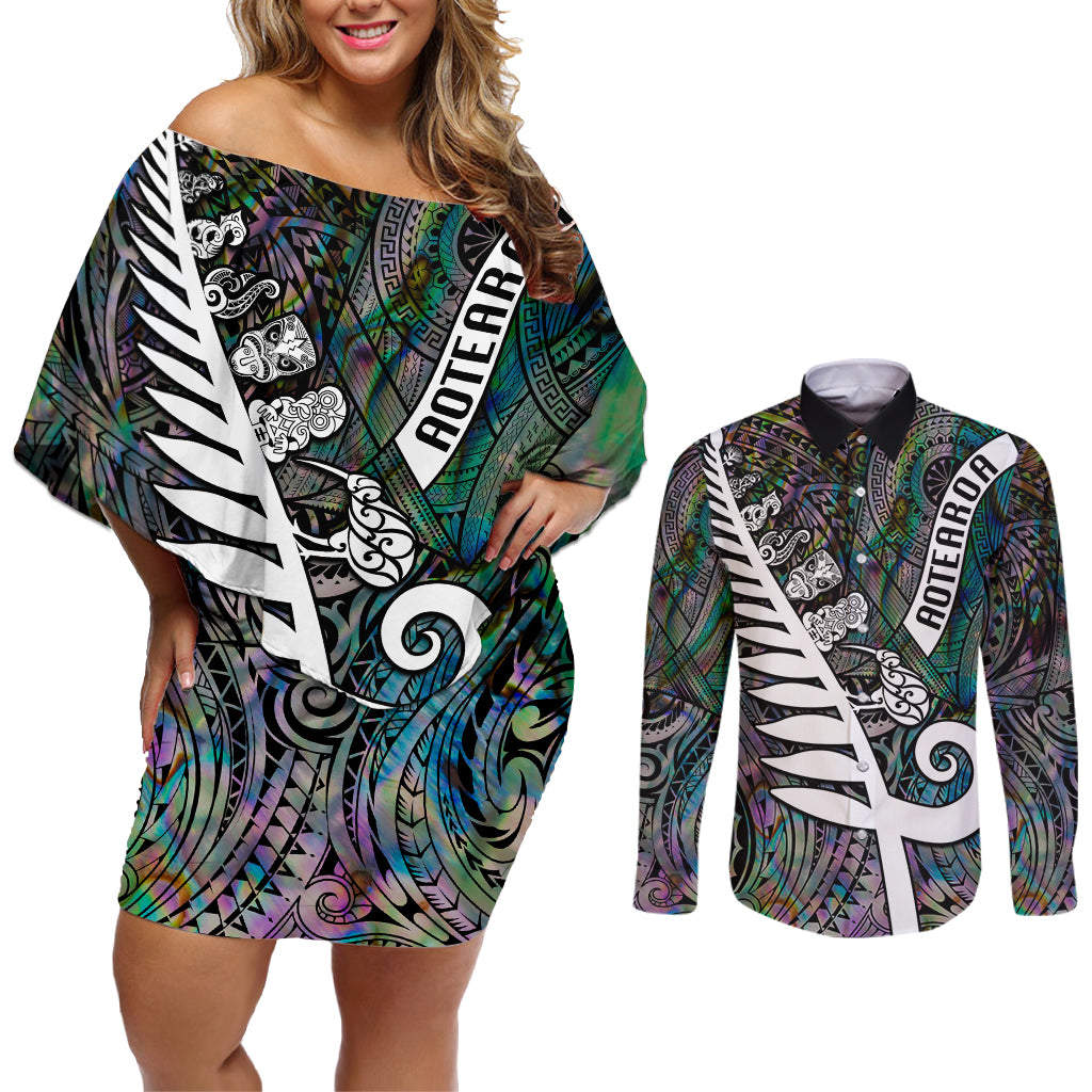 New Zealand Couples Matching Off Shoulder Short Dress and Long Sleeve Button Shirt Aotearoa Symbols With Silver Fern LT03 Black - Polynesian Pride