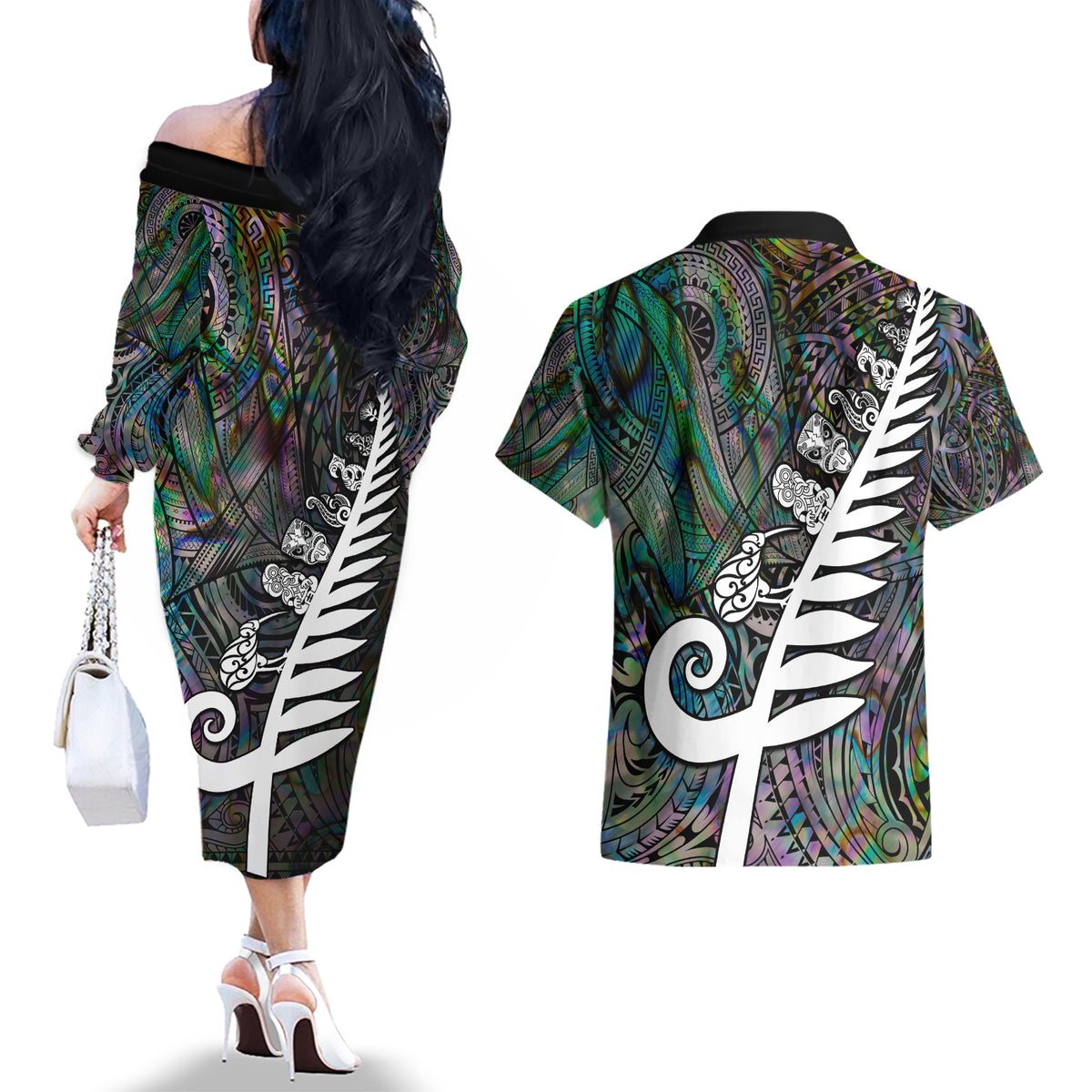 New Zealand Couples Matching Off The Shoulder Long Sleeve Dress and Hawaiian Shirt Aotearoa Symbols With Silver Fern LT03 - Polynesian Pride