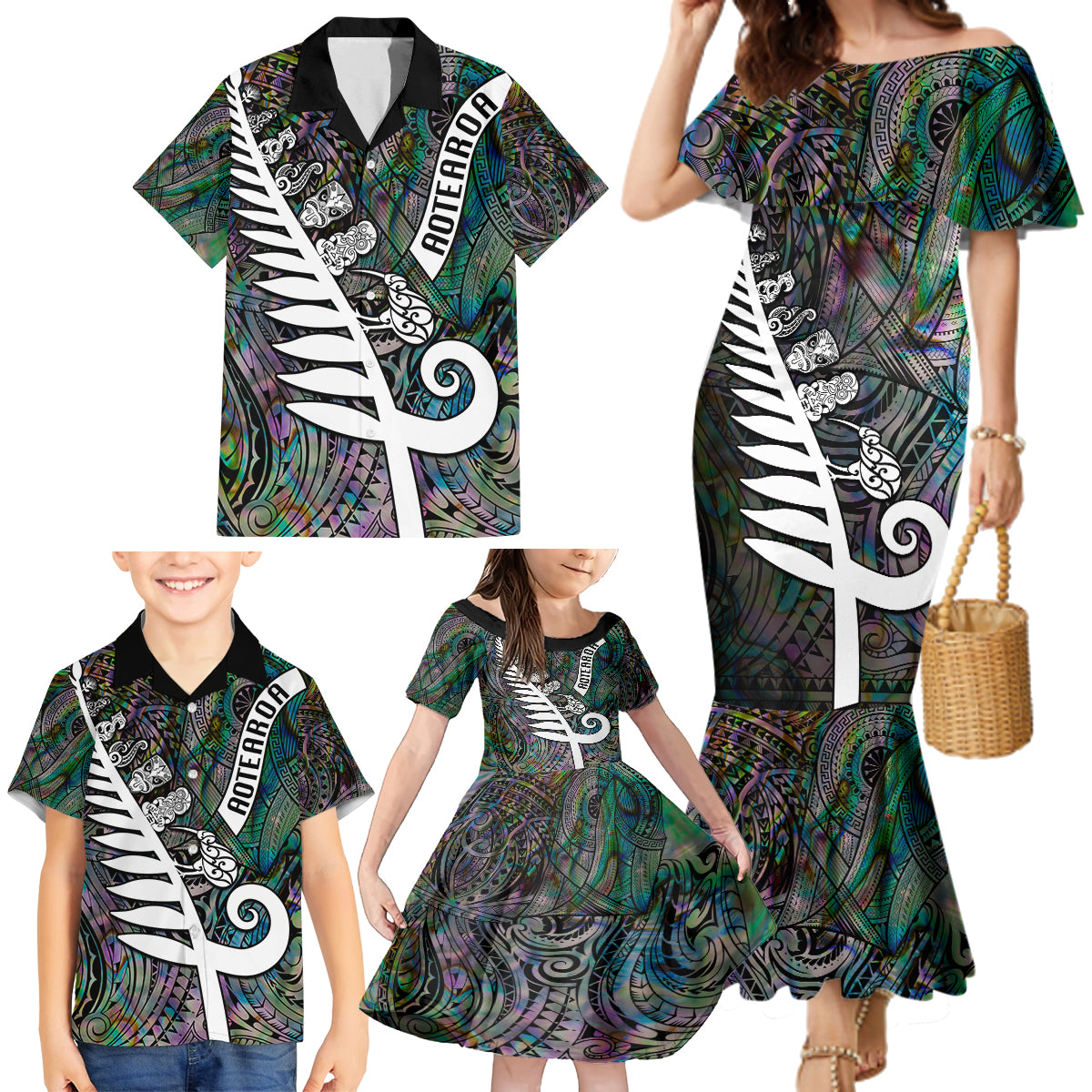 New Zealand Family Matching Mermaid Dress and Hawaiian Shirt Aotearoa Symbols With Silver Fern LT03 - Polynesian Pride