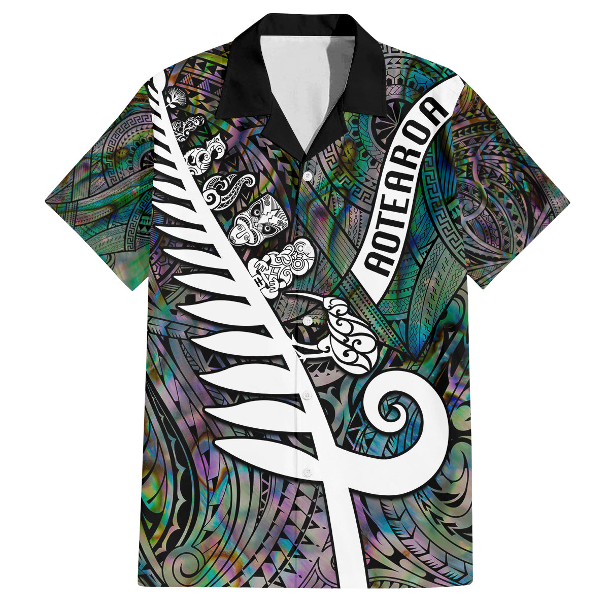 New Zealand Family Matching Off Shoulder Long Sleeve Dress and Hawaiian Shirt Aotearoa Symbols With Silver Fern LT03 Dad's Shirt - Short Sleeve Black - Polynesian Pride