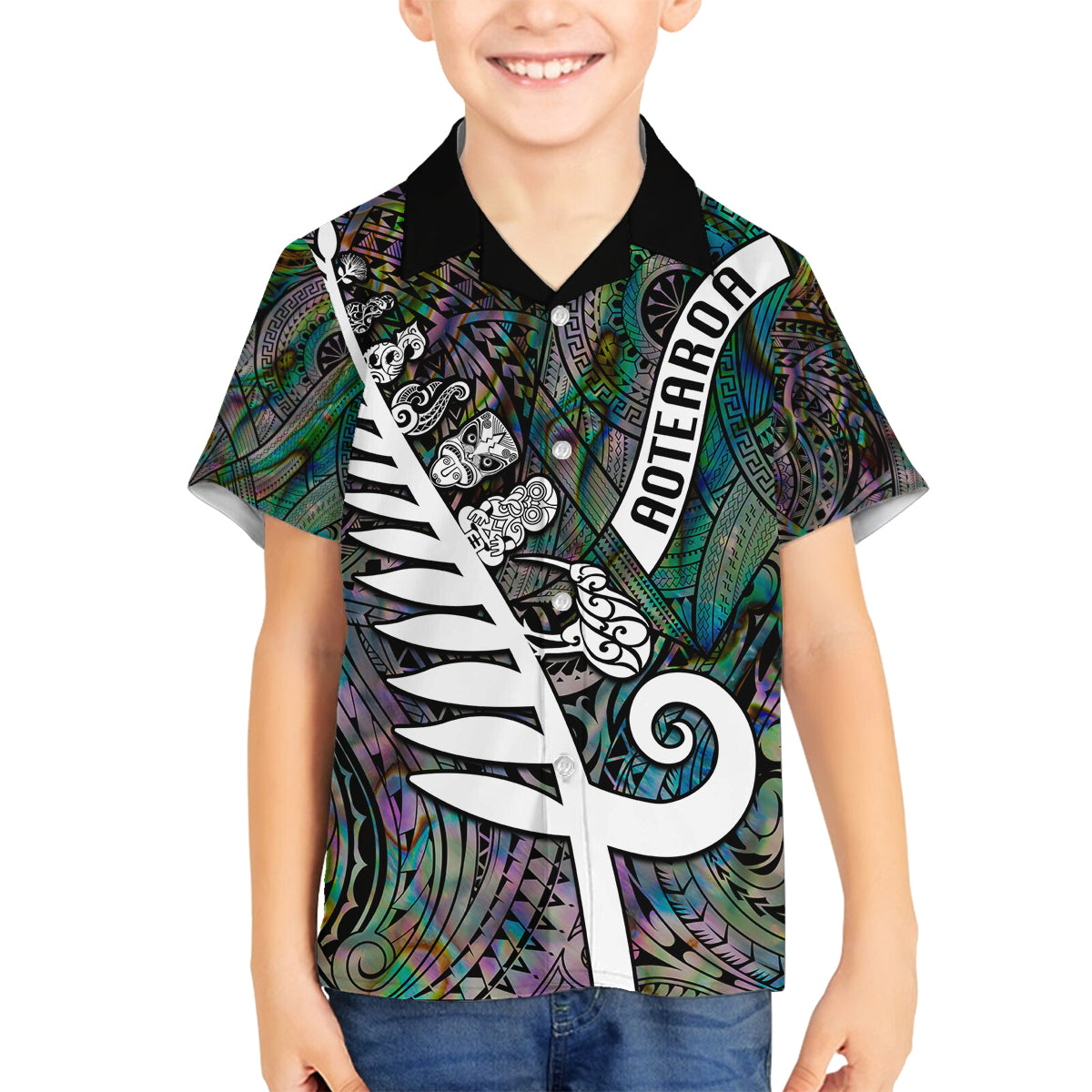 New Zealand Family Matching Tank Maxi Dress and Hawaiian Shirt Aotearoa Symbols With Silver Fern LT03 Son's Shirt Black - Polynesian Pride