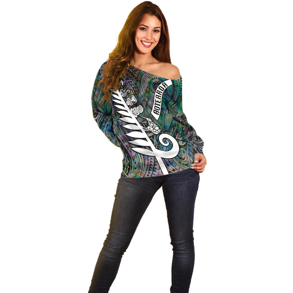 New Zealand Off Shoulder Sweater Aotearoa Symbols With Silver Fern LT03 - Polynesian Pride