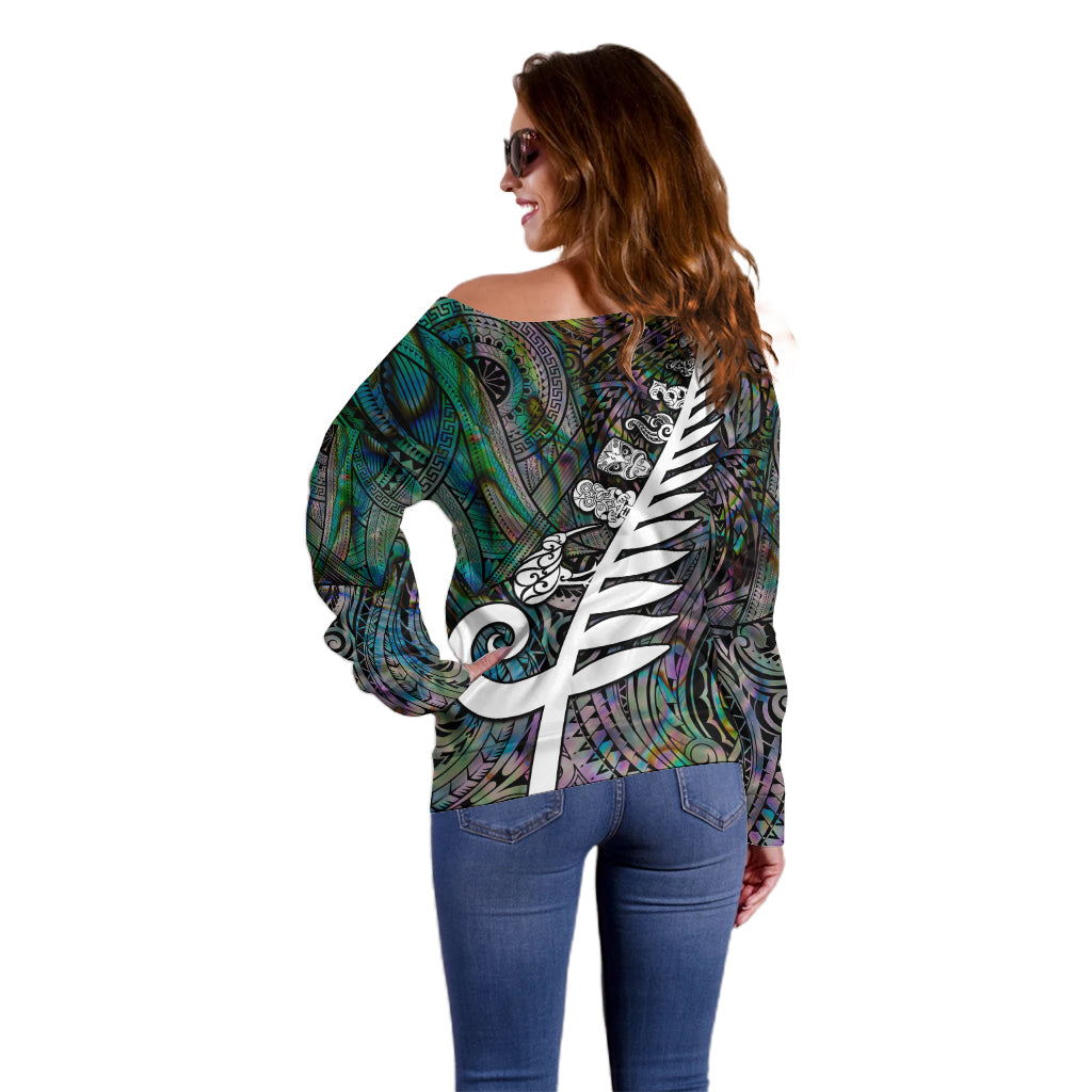 New Zealand Off Shoulder Sweater Aotearoa Symbols With Silver Fern LT03 - Polynesian Pride