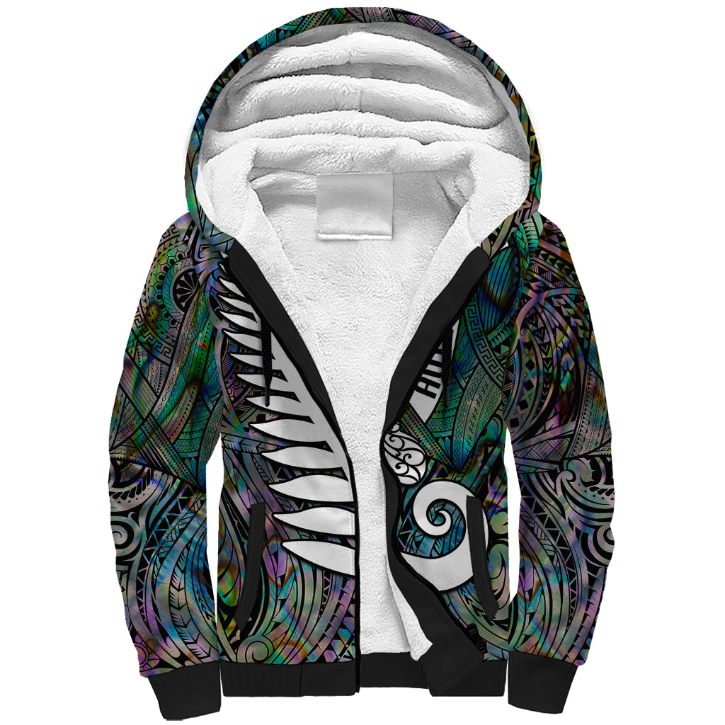 New Zealand Sherpa Hoodie Aotearoa Symbols With Silver Fern LT03 Unisex Black - Polynesian Pride