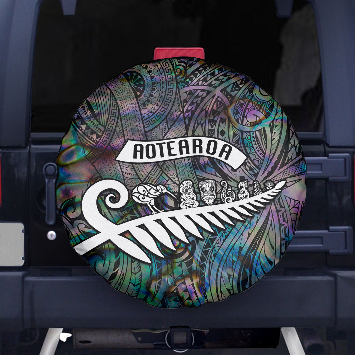 New Zealand Spare Tire Cover Aotearoa Symbols With Silver Fern LT03 Black - Polynesian Pride