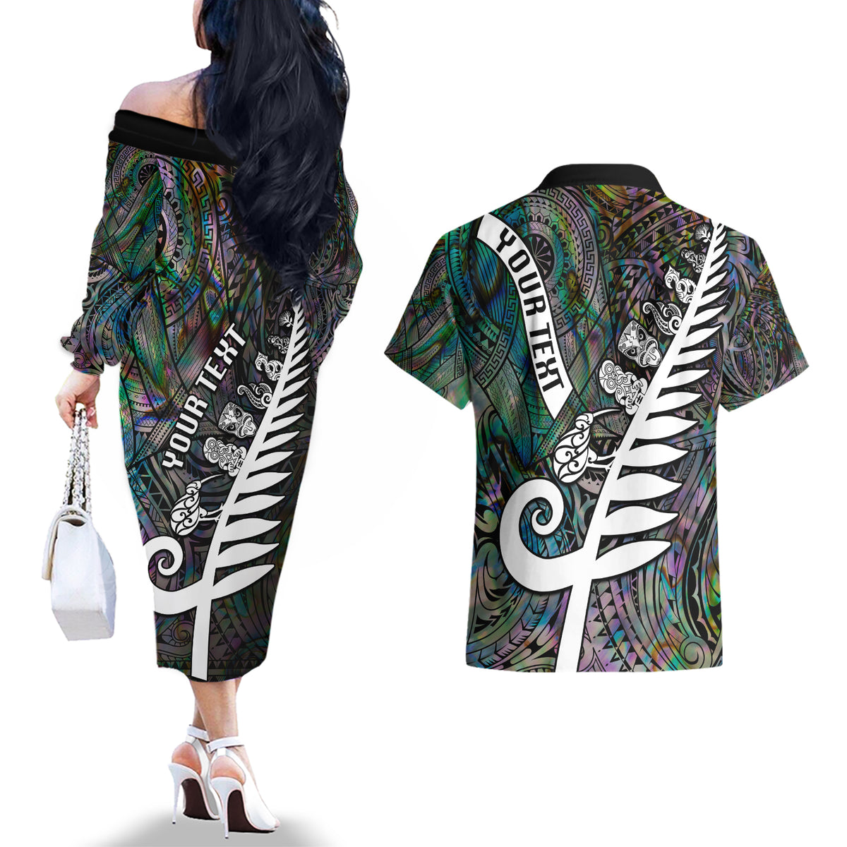 Personalized New Zealand Couples Matching Off The Shoulder Long Sleeve Dress and Hawaiian Shirt Aotearoa Symbols With Silver Fern LT03 - Polynesian Pride