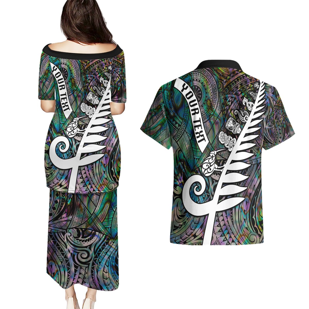 Personalized New Zealand Couples Matching Puletasi Dress and Hawaiian Shirt Aotearoa Symbols With Silver Fern LT03 - Polynesian Pride