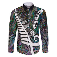 Personalized New Zealand Family Matching Short Sleeve Bodycon Dress and Hawaiian Shirt Aotearoa Symbols With Silver Fern LT03 Dad's Shirt - Long Sleeve Black - Polynesian Pride