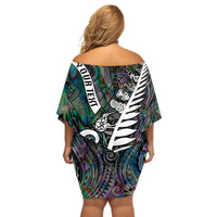 Personalized New Zealand Off Shoulder Short Dress Aotearoa Symbols With Silver Fern LT03 - Polynesian Pride