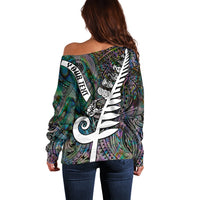 Personalized New Zealand Off Shoulder Sweater Aotearoa Symbols With Silver Fern LT03 - Polynesian Pride