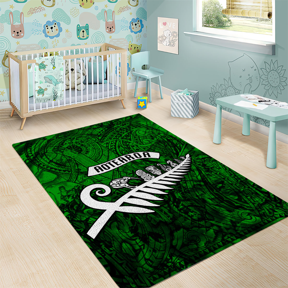 New Zealand Area Rug Silver Fern and Maori Symbols Papua Shell Green Style LT03 - Polynesian Pride