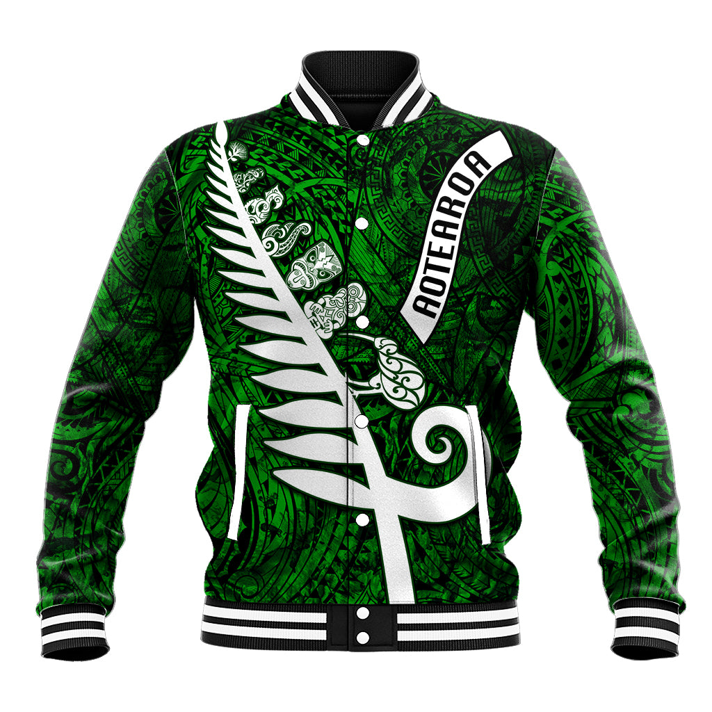 New Zealand Baseball Jacket Silver Fern and Maori Symbols Papua Shell Green Style LT03 Unisex Green - Polynesian Pride