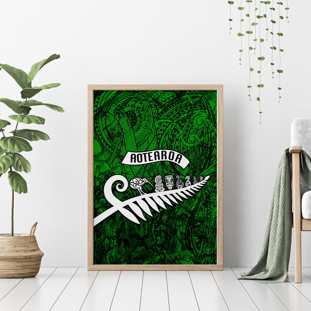New Zealand Canvas Wall Art Silver Fern and Maori Symbols Papua Shell Green Style LT03 - Polynesian Pride