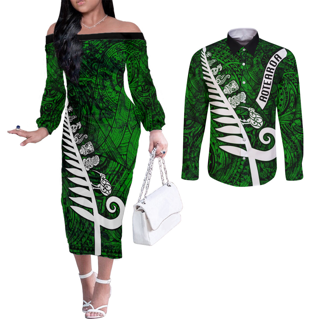 New Zealand Couples Matching Off The Shoulder Long Sleeve Dress and Long Sleeve Button Shirt Silver Fern and Maori Symbols Papua Shell Green Style LT03 Green - Polynesian Pride