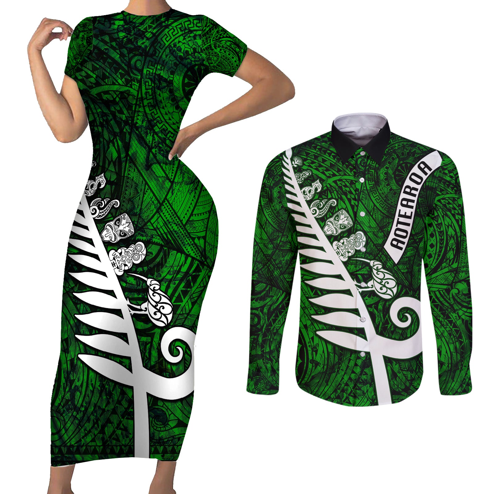 New Zealand Couples Matching Short Sleeve Bodycon Dress and Long Sleeve Button Shirt Silver Fern and Maori Symbols Papua Shell Green Style LT03 Green - Polynesian Pride