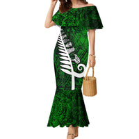 New Zealand Family Matching Mermaid Dress and Hawaiian Shirt Silver Fern and Maori Symbols Papua Shell Green Style LT03 Mom's Dress Green - Polynesian Pride