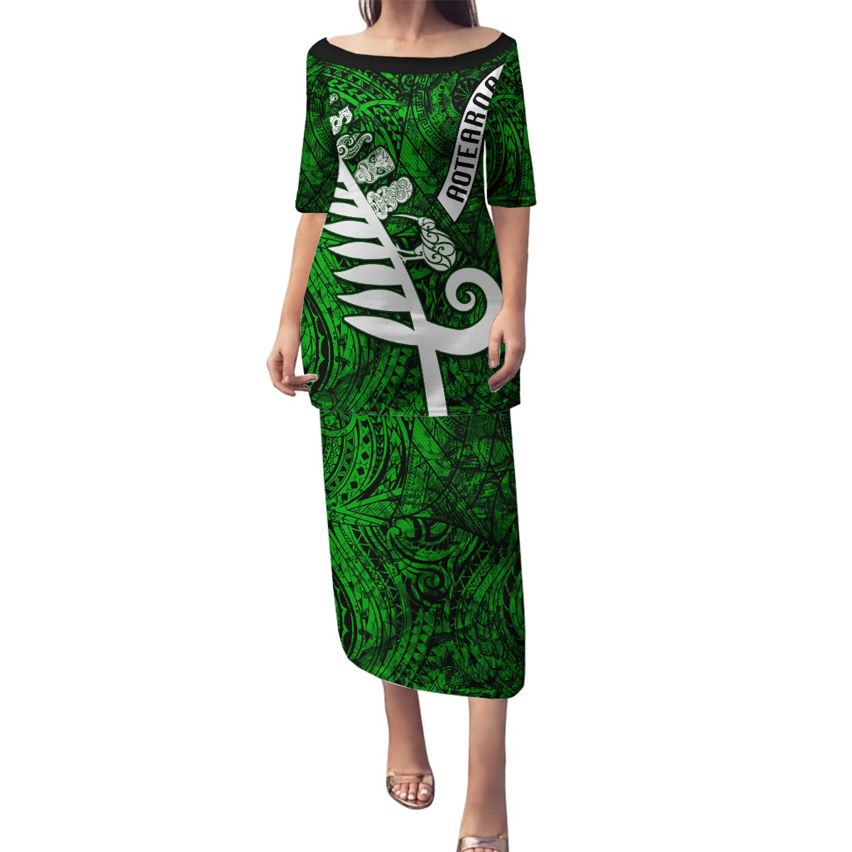 New Zealand Family Matching Puletasi Dress and Hawaiian Shirt Silver Fern and Maori Symbols Papua Shell Green Style LT03 Mom's Dress Green - Polynesian Pride