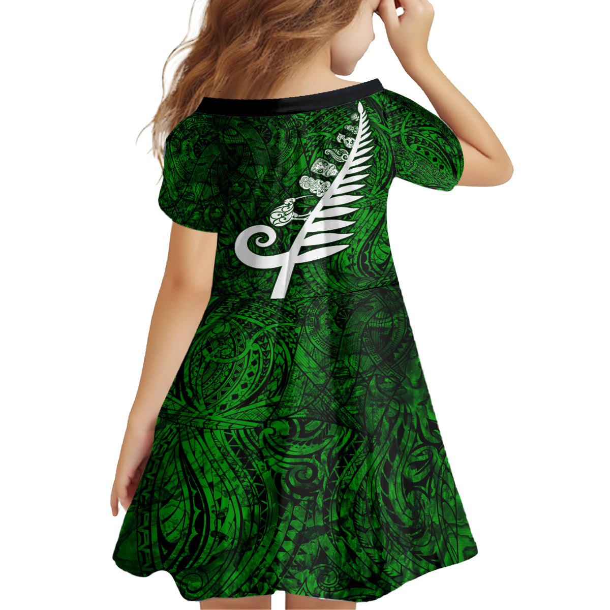 New Zealand Family Matching Summer Maxi Dress and Hawaiian Shirt Silver Fern and Maori Symbols Papua Shell Green Style LT03 - Polynesian Pride