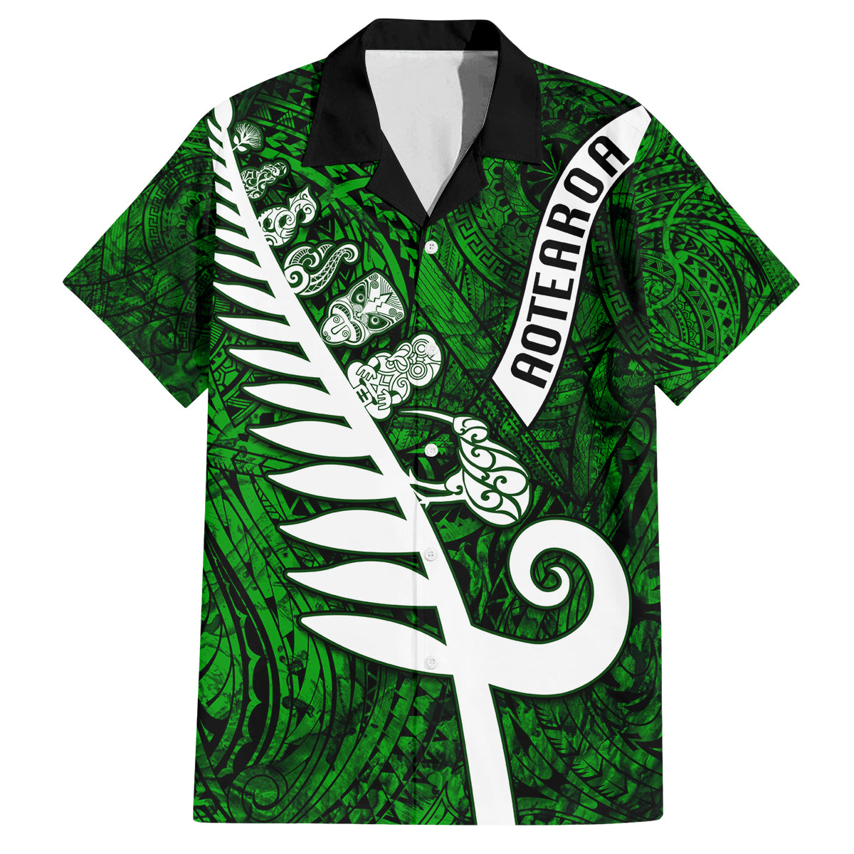 New Zealand Family Matching Summer Maxi Dress and Hawaiian Shirt Silver Fern and Maori Symbols Papua Shell Green Style LT03 Dad's Shirt - Short Sleeve Green - Polynesian Pride