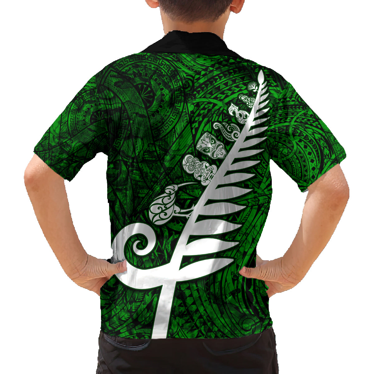 New Zealand Family Matching Tank Maxi Dress and Hawaiian Shirt Silver Fern and Maori Symbols Papua Shell Green Style LT03 - Polynesian Pride