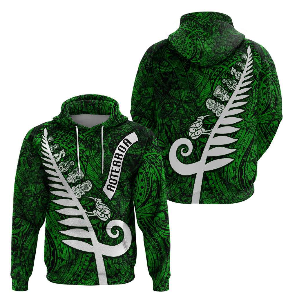 New Zealand Hoodie Silver Fern and Maori Symbols Papua Shell Green Style LT03 - Polynesian Pride