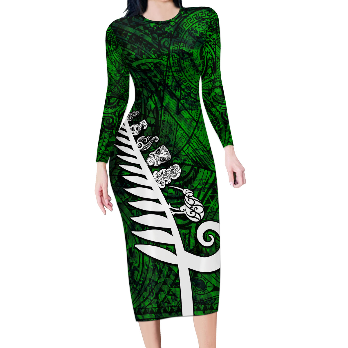New Zealand Long Sleeve Bodycon Dress Silver Fern and Maori Symbols Papua Shell Green Style LT03 Long Dress Green - Polynesian Pride