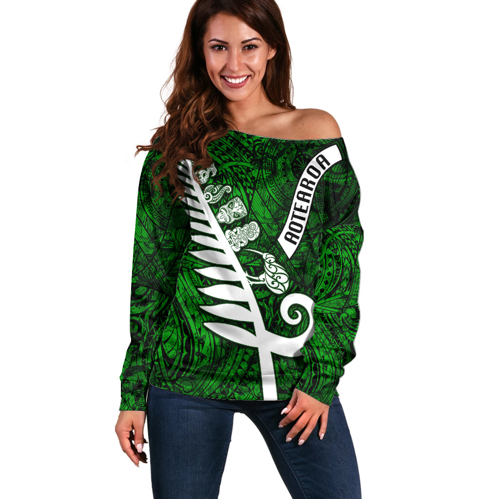 New Zealand Off Shoulder Sweater Silver Fern and Maori Symbols Papua Shell Green Style LT03 Women Green - Polynesian Pride