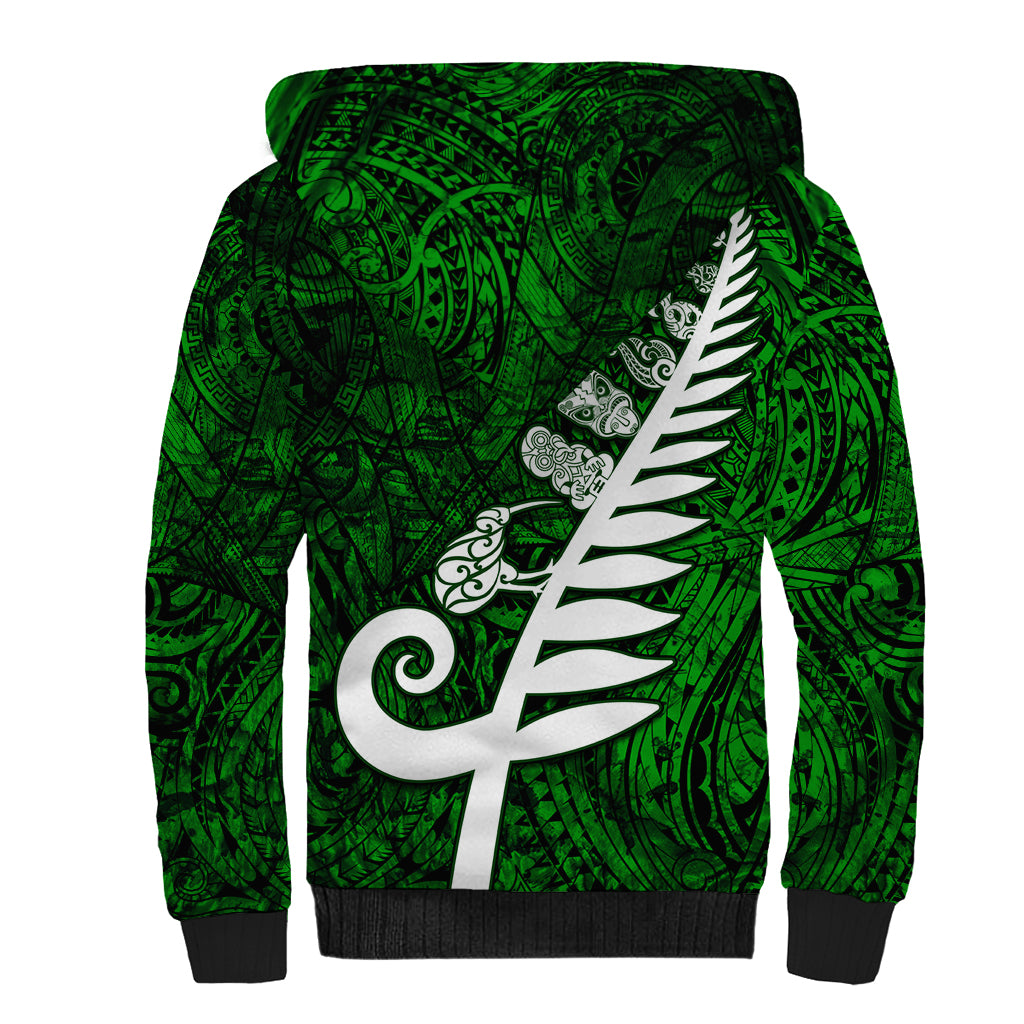 New Zealand Sherpa Hoodie Silver Fern and Maori Symbols Papua Shell Green Style LT03 - Polynesian Pride