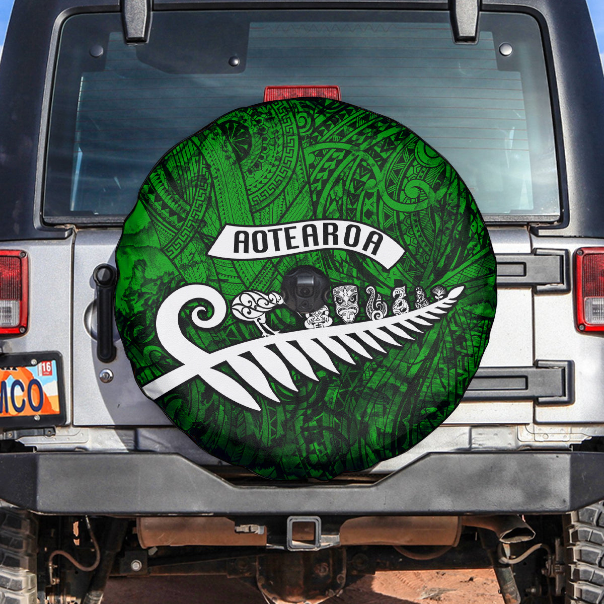 New Zealand Spare Tire Cover Silver Fern and Maori Symbols Papua Shell Green Style LT03 - Polynesian Pride