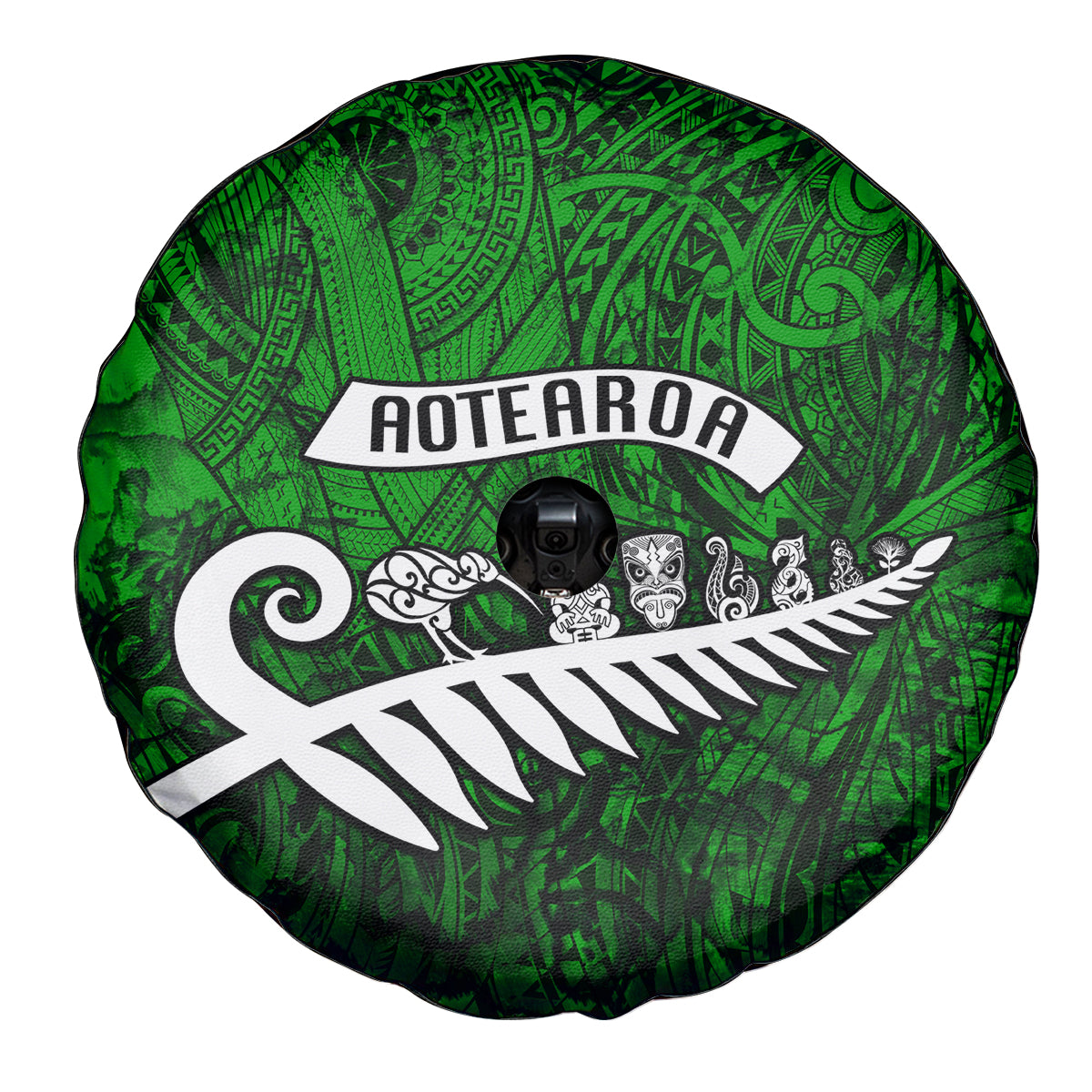 New Zealand Spare Tire Cover Silver Fern and Maori Symbols Papua Shell Green Style LT03 - Polynesian Pride