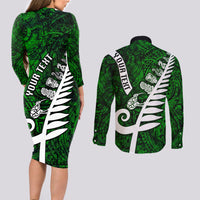 Personalized New Zealand Couples Matching Long Sleeve Bodycon Dress and Long Sleeve Button Shirt Silver Fern and Maori Symbols Papua Shell Green Style LT03 - Polynesian Pride
