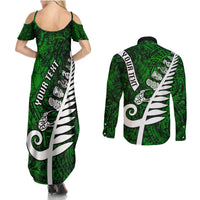 Personalized New Zealand Couples Matching Summer Maxi Dress and Long Sleeve Button Shirt Silver Fern and Maori Symbols Papua Shell Green Style LT03 - Polynesian Pride