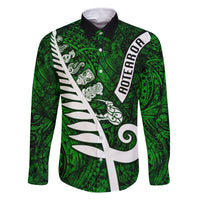 Personalized New Zealand Family Matching Off Shoulder Maxi Dress and Hawaiian Shirt Silver Fern and Maori Symbols Papua Shell Green Style LT03 Dad's Shirt - Long Sleeve Green - Polynesian Pride