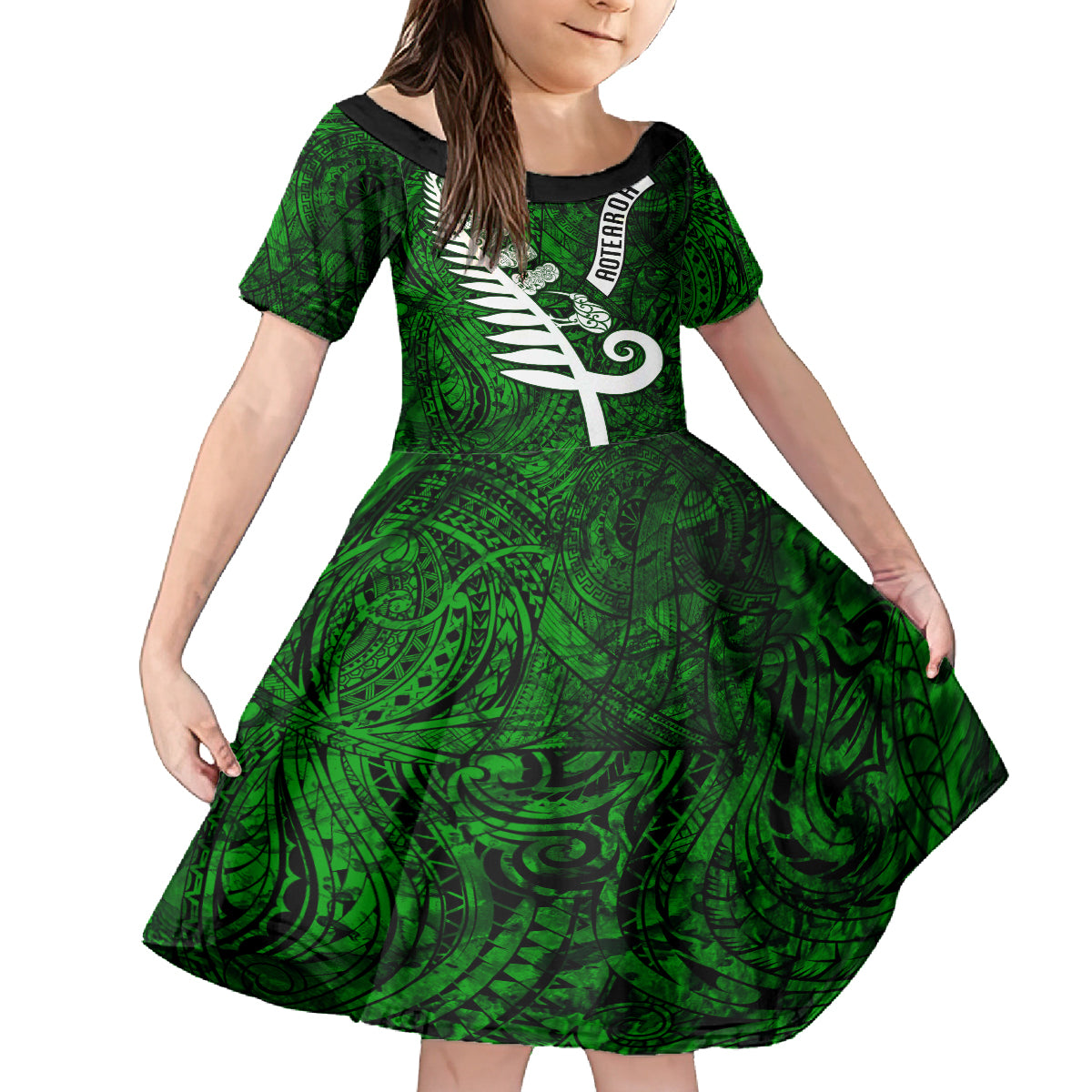 Personalized New Zealand Family Matching Tank Maxi Dress and Hawaiian Shirt Silver Fern and Maori Symbols Papua Shell Green Style LT03 Daughter's Dress Green - Polynesian Pride