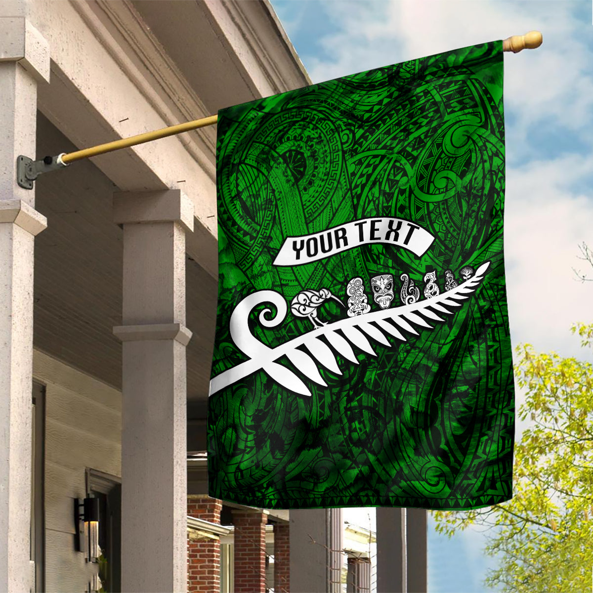 Personalized New Zealand Garden Flag Silver Fern and Maori Symbols Papua Shell Green Style LT03 House Flag Green - Polynesian Pride